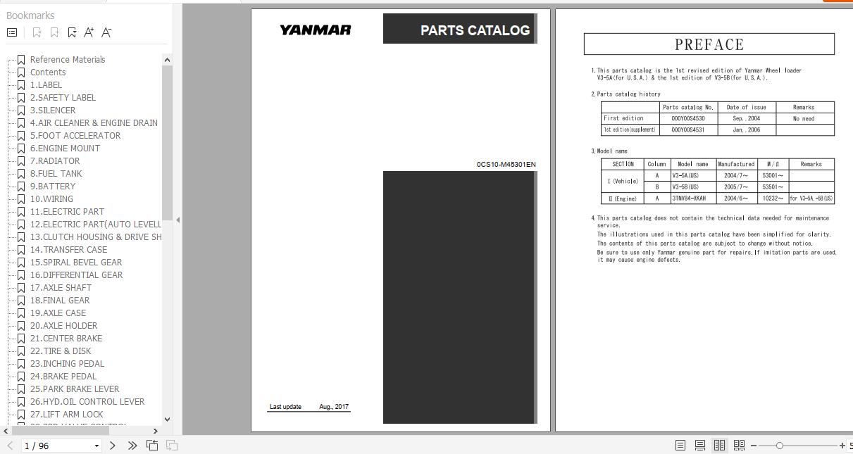 Yanmar Wheel Loader V3 5A V3 5B Parts Catalog 0CS10 M45301EN 1