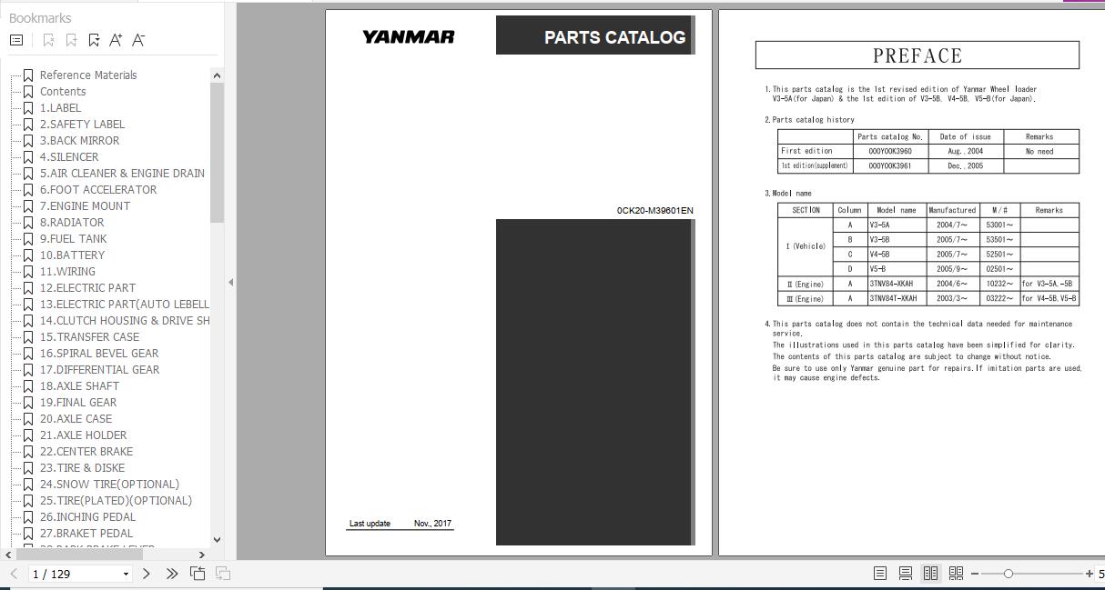 Yanmar Wheel Loader V3 5A V3 5B V4 5B V5 B Parts Catalog 0CK20 M39601EN 1