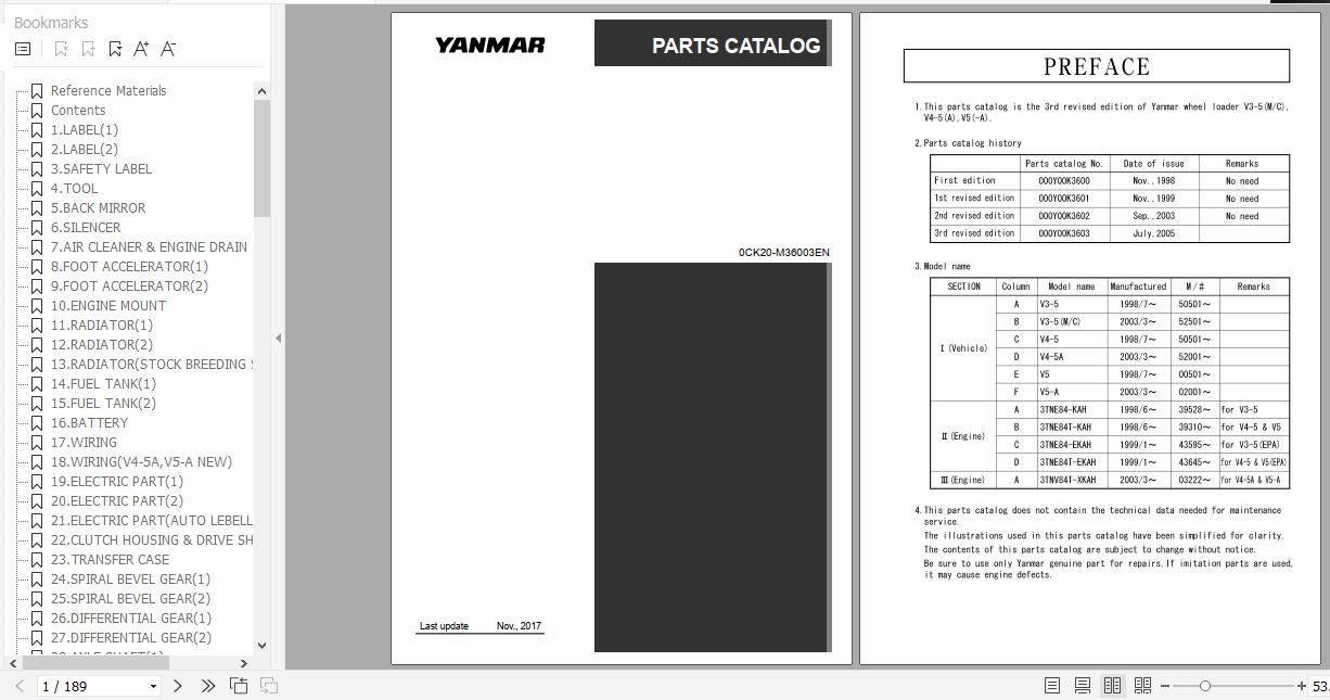 Yanmar Wheel Loader V3 5M C V4 5A V5 A Parts Catalog 0CK20 M36003EN 1