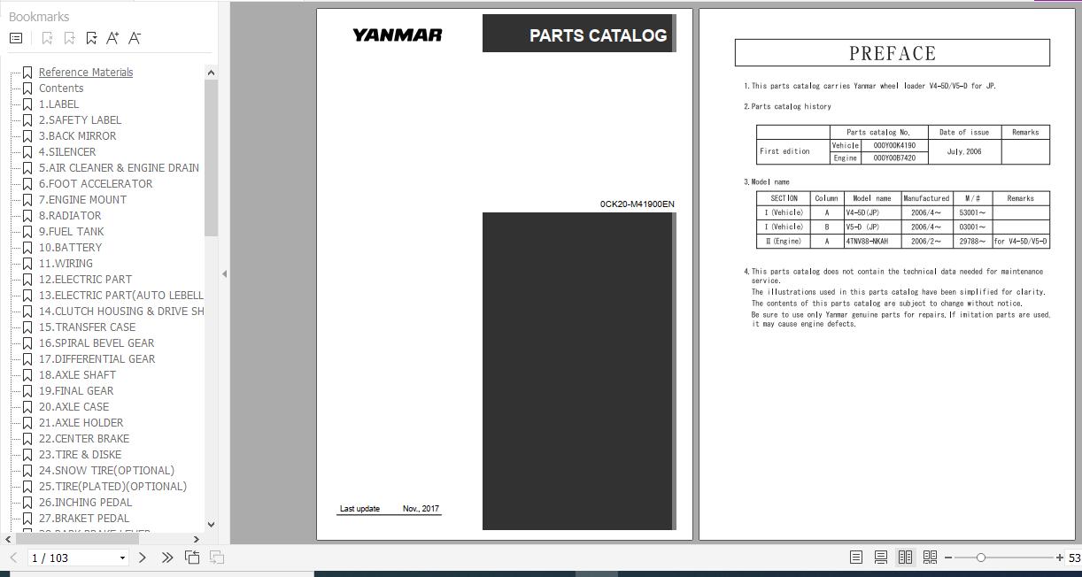 Yanmar Wheel Loader V4 5D V5 D Parts Catalog 0CK20 M41900EN 1