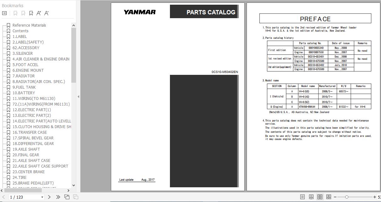 Yanmar Wheel Loader V4 6 Parts Catalog 0CS10 M53402EN 1
