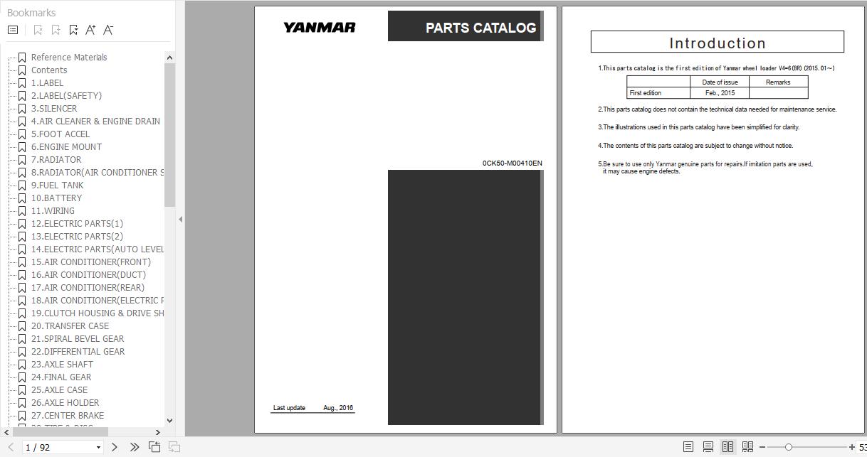 Yanmar Wheel Loader V4 6BR Parts Catalog 0CK50 M00410EN 1