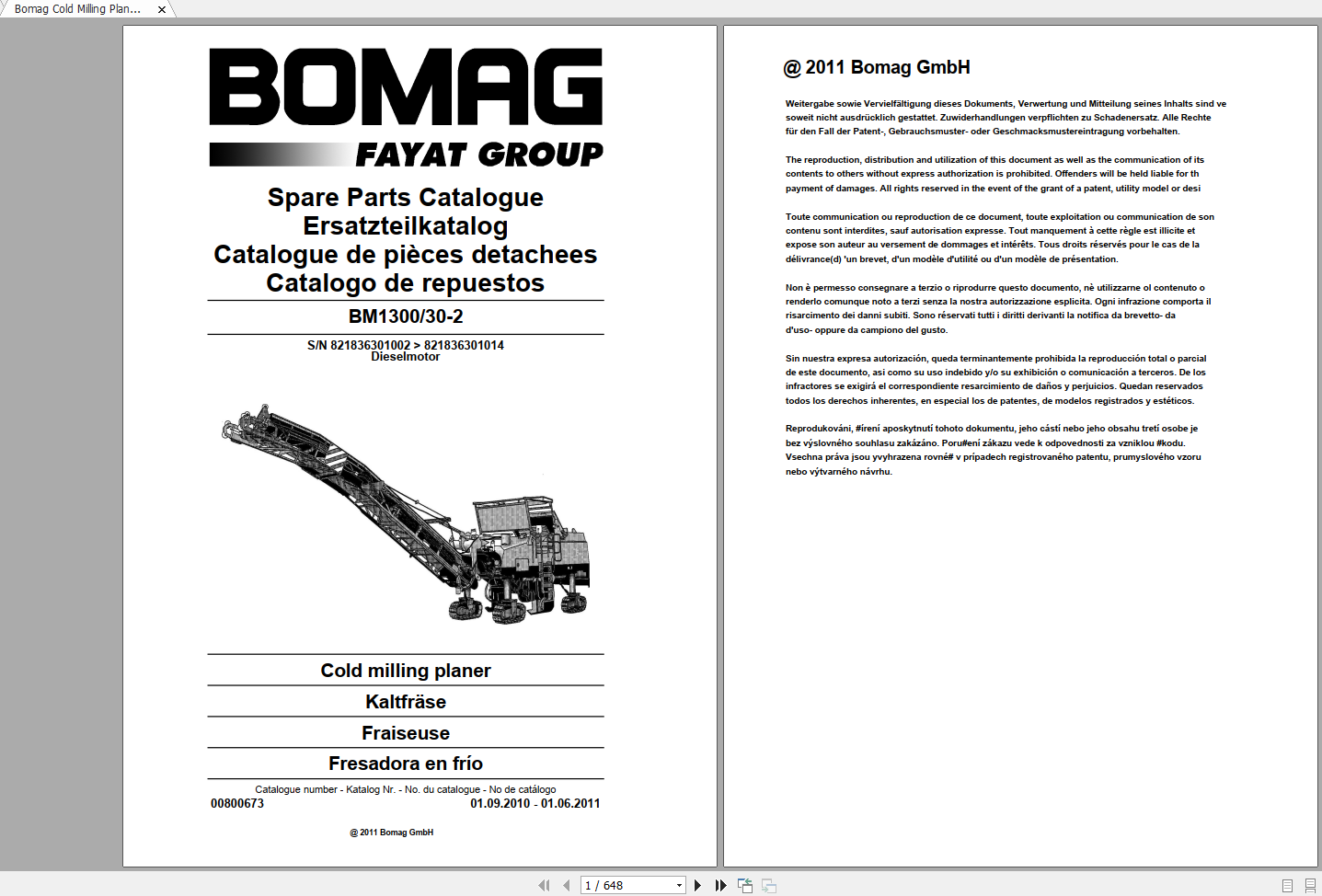 Bomag Cold Milling Planer BM1300 30 2 Spare Parts Catalogue 2011 00800673 DE 1