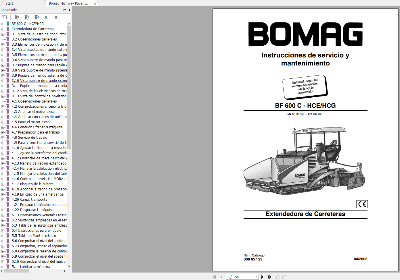 Bomag Highway Paver BF 600 C HCE HCG Operating Instructions 04 2008 00805723 ES 1