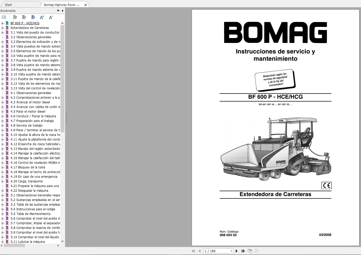 Bomag Highway Paver BF 600 P HCE HCG Operating Instructions 03 2008 00805403 ES 1