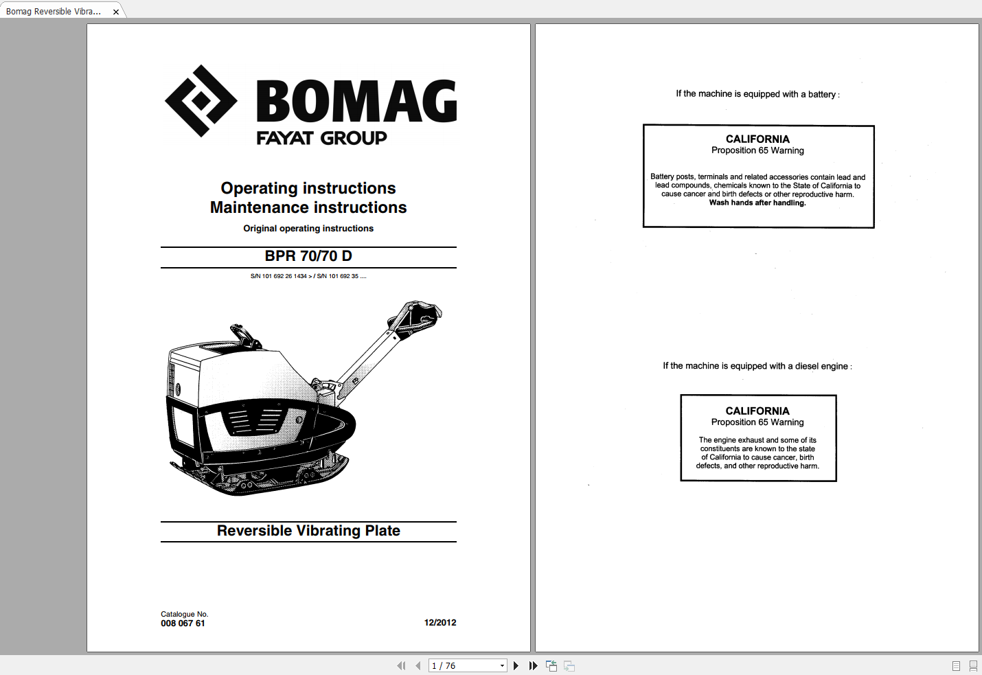 Bomag Reversible Vibrating Plate BPR 70 70D Operating Instructions 12 2012 00806761 1