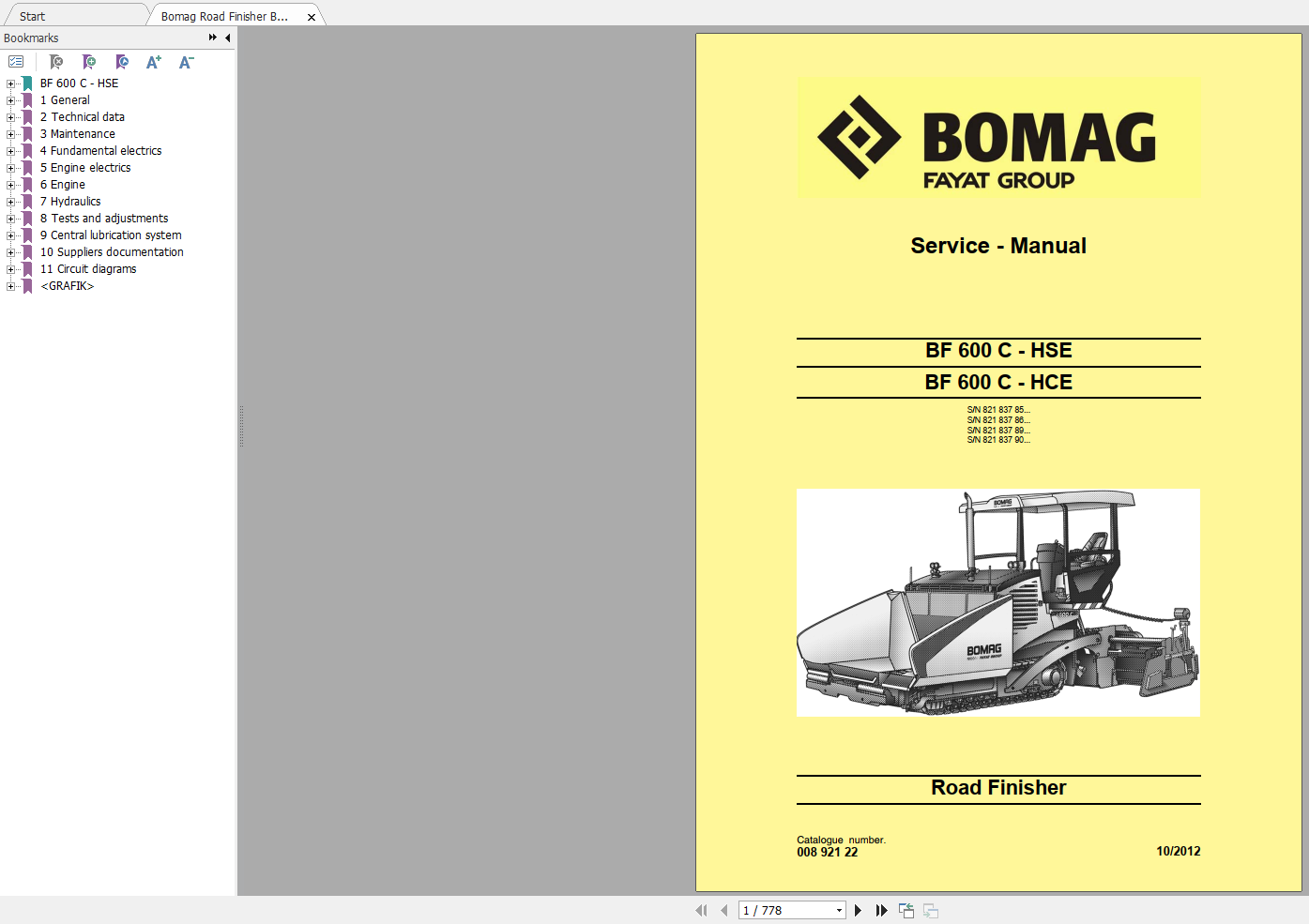 Bomag Road Finisher BF 600 C HSE BF 600 C HCE Service Manual 10 2012 00892122 1