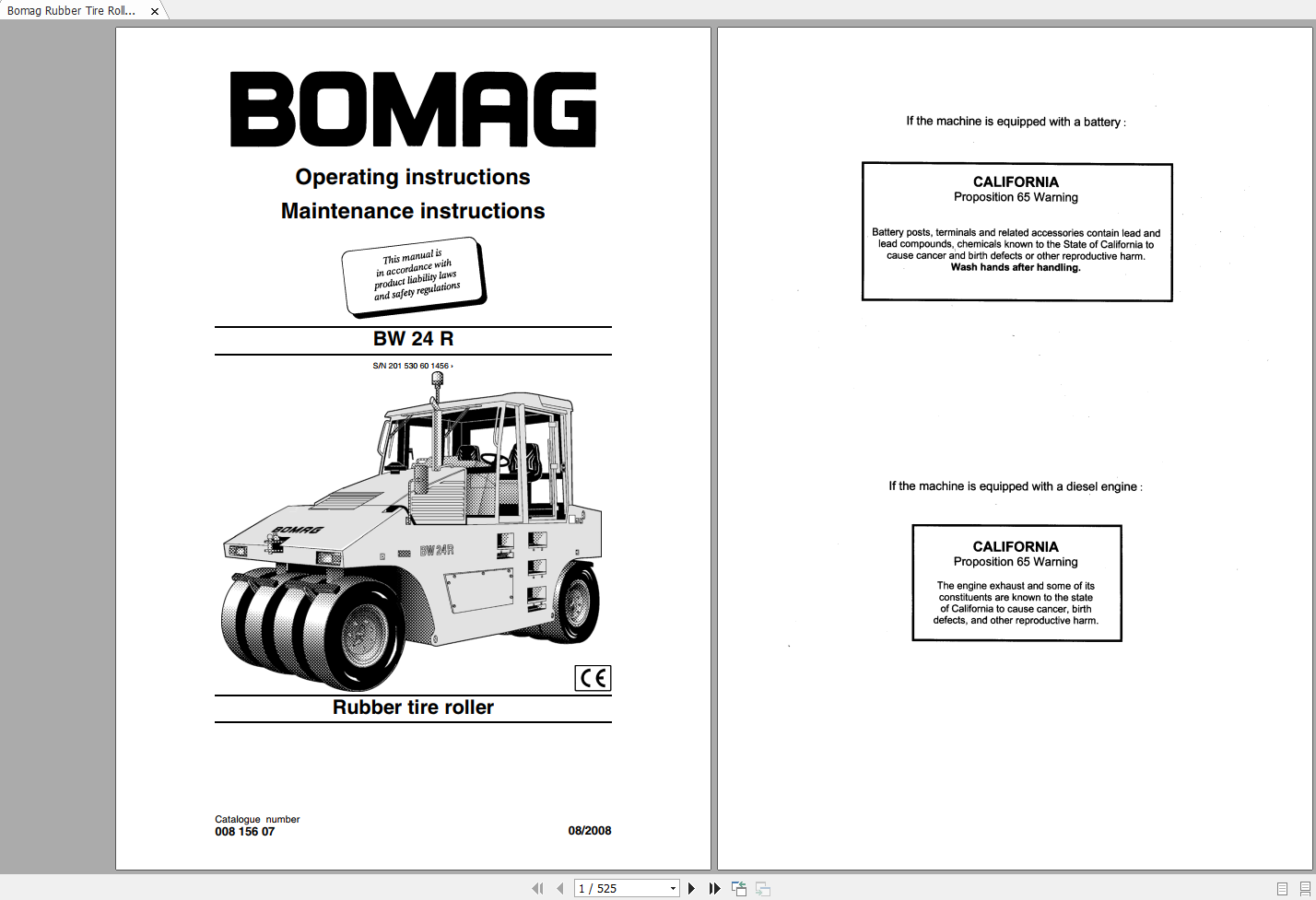 Bomag Rubber Tire Roller BW 24 R Operating Instructions 08 2008 00815607 1