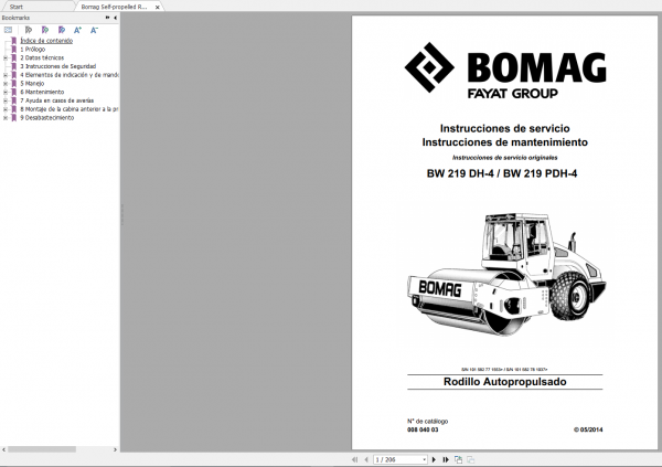 Bomag Self propelled Roller BW 219 DH 4 BW 219 PDH 4 Operating Instructions 00804003 ES 1
