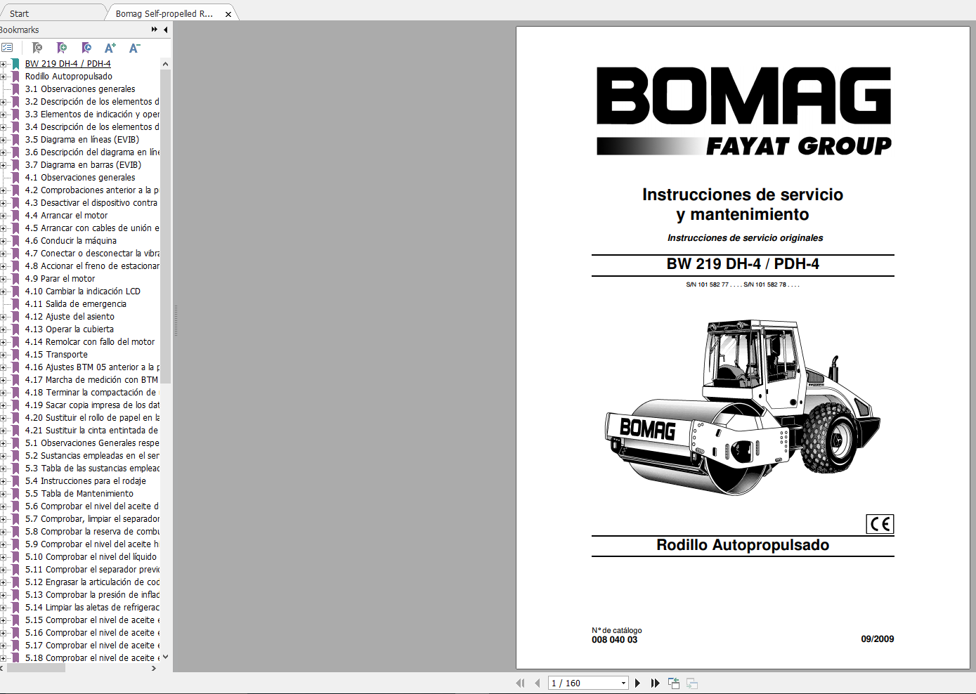 Bomag Self propelled Roller BW 219 DH 4 PDH 4 Operating Instructions 09 2009 00804003 ES 1