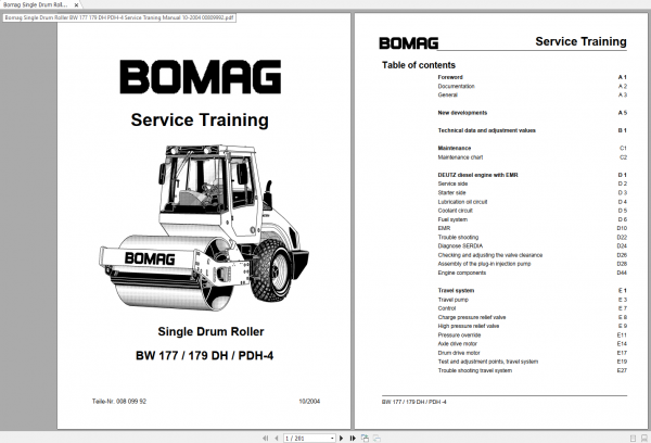 Bomag Single Drum Roller BW 177 179 DH PDH 4 Service Traning Manual 10 2004 00809992 1