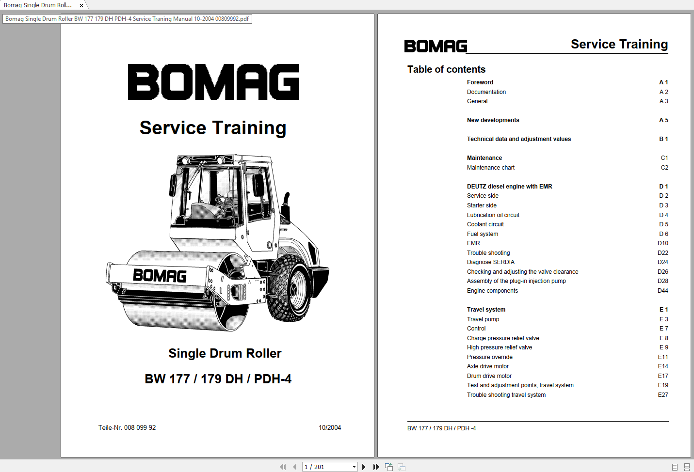 Bomag Single Drum Roller BW 177 179 DH PDH 4 Service Traning Manual 10 2004 00809992 1