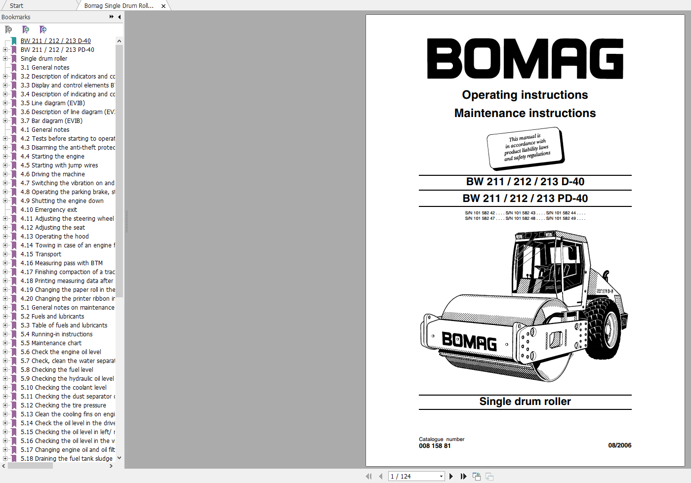 Bomag Single Drum Roller BW 211 212 213 D 40 BW 211 212 213 PD 40 Operating Instructions 08 2006 00815881