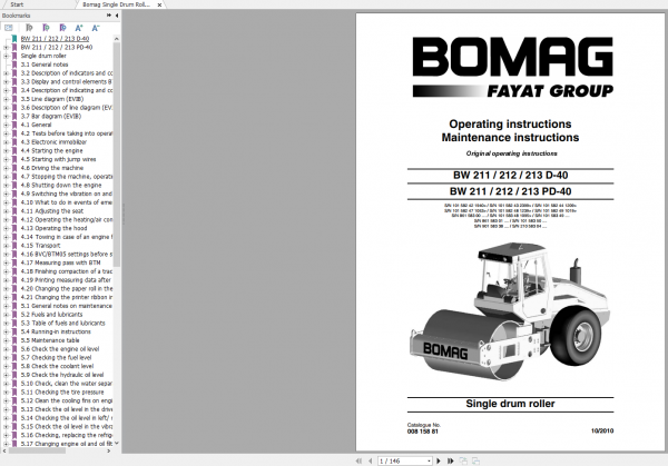 Bomag Single Drum Roller BW 211 212 213 D 40 BW 211 212 213 PD 40 Operating Instructions 10 2010 00815881 1