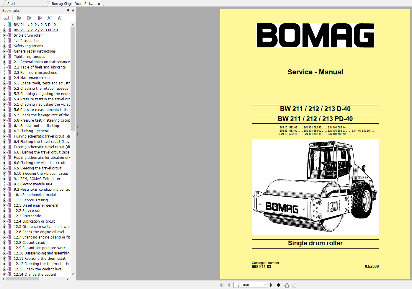 Bomag Single Drum Roller BW 211 212 213 D 40 BW 211 212 213 PD 40 Service Manual 02 2007 00891163 1