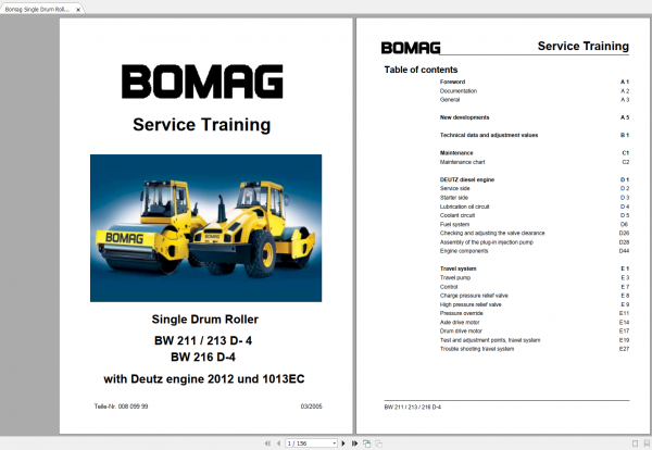 Bomag Single Drum Roller BW 211 213 D 4 BW 216 D 4 Engine Deutz 2012 1013EC Service Traning 1