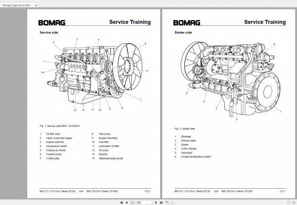 Bomag Single Drum Roller BW 211 213 D 4 BW 216 D 4 Engine Deutz 2012 1013EC Service Traning 2