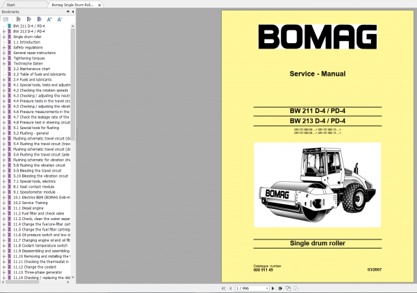 Bomag Single Drum Roller BW 211 D 4 PD 4 BW 213 D 4 PD 4 Service Manual 03 2007 00891149 1