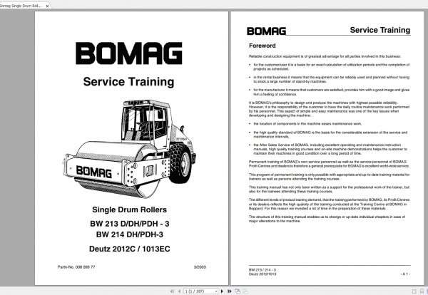 Bomag Single Drum Roller BW 213 214 D DH PDH 3 Deutz 2012C 1013EC Service Traning 1