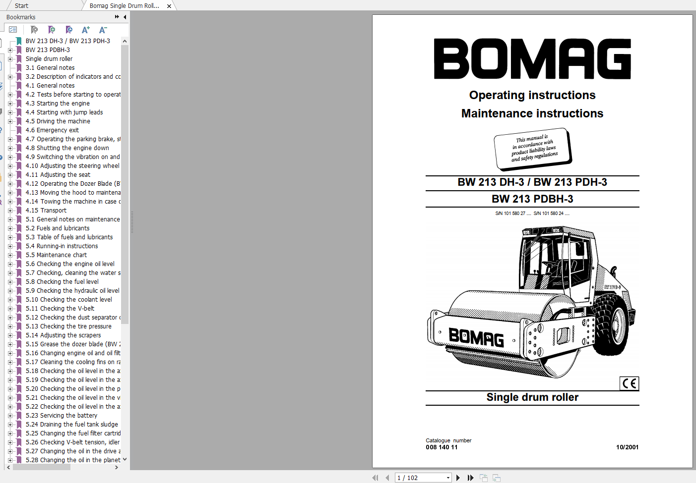 Bomag Single Drum Roller BW 213 DH 3 BW 213 PDH 3 BW 213 PDBH 3 Operating Instructions 1