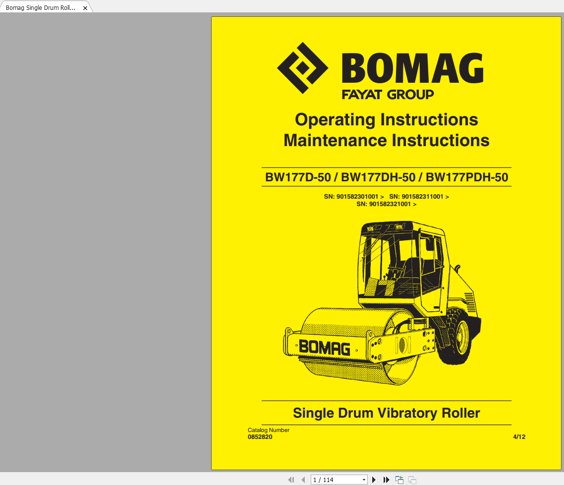 Bomag Single Drum Roller BW177D 50 BW177DH 50 BW177PDH 50 Operating Instructions 1