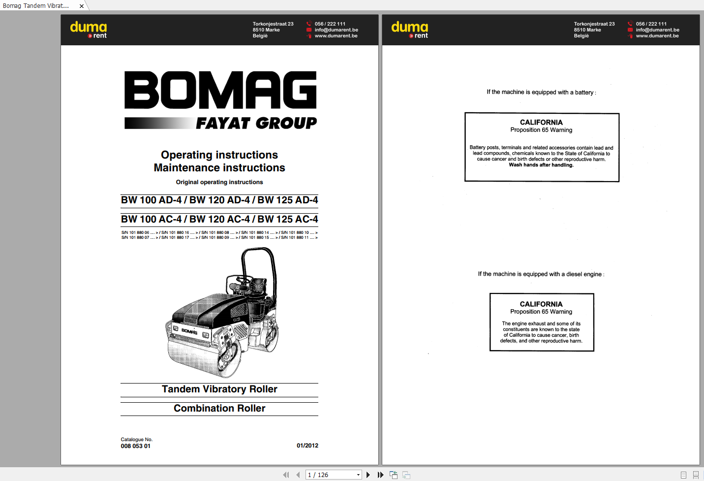 Bomag Tandem Vibratory Roller BW 100 120 125 AC 4AD 4 Operating Instructions 01 2012 00805301 1