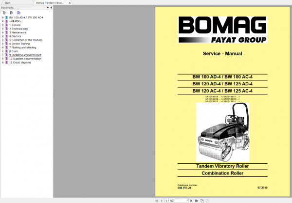 Bomag Tandem Vibratory Roller BW 100 120 125 AC 4AD 4 Service Manual 07 2010 1
