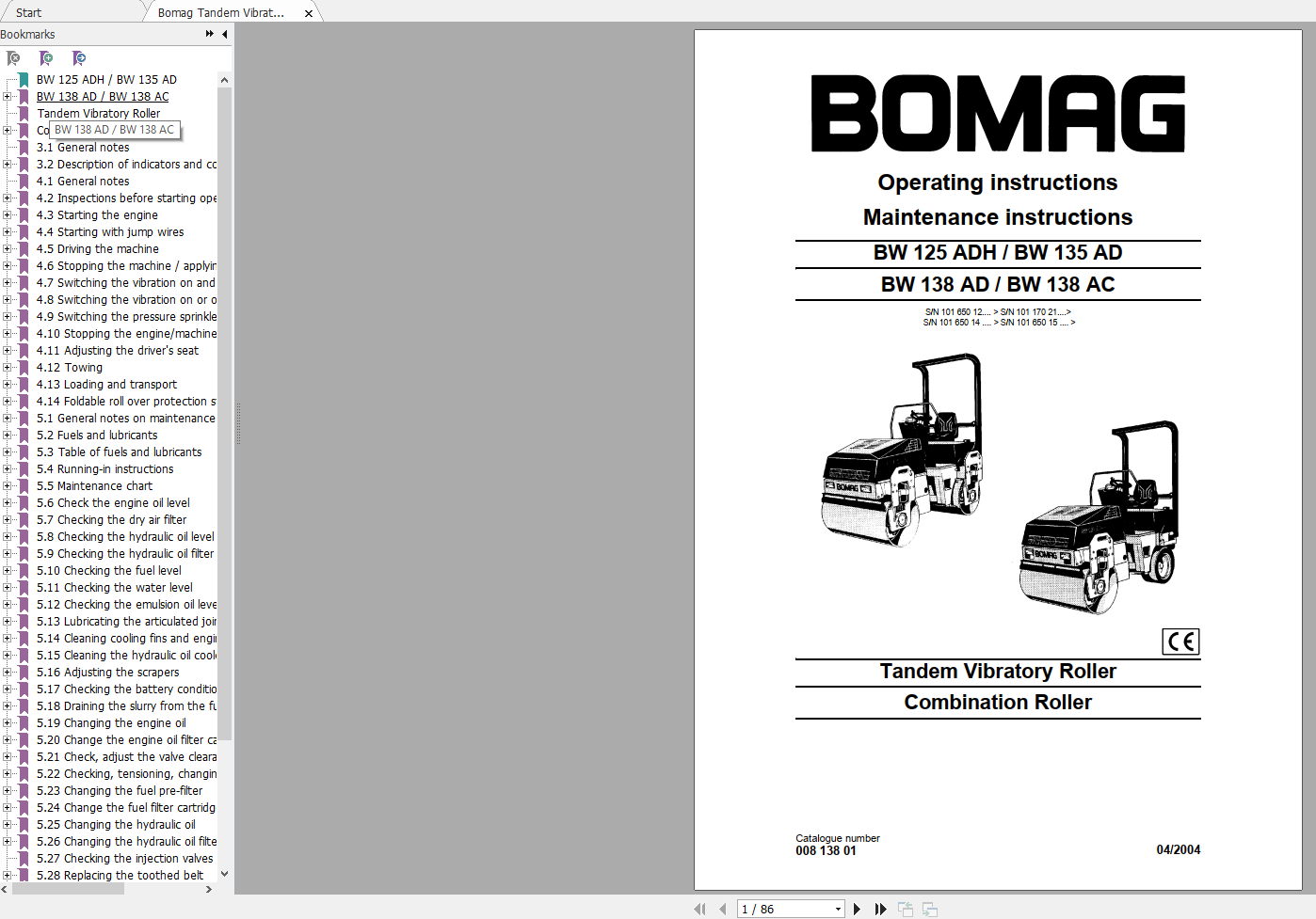 Bomag Tandem Vibratory Roller BW 125 135 138 ADHADAC Operating Instructions 04 2004 1