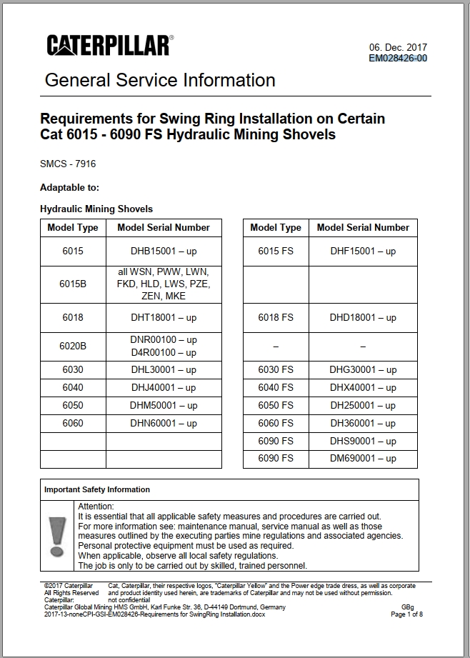 CAT Hydraulic Shovel 6015 6090 FS Swing Ring Installation Requirements Service Information EM028426 00 2017 1