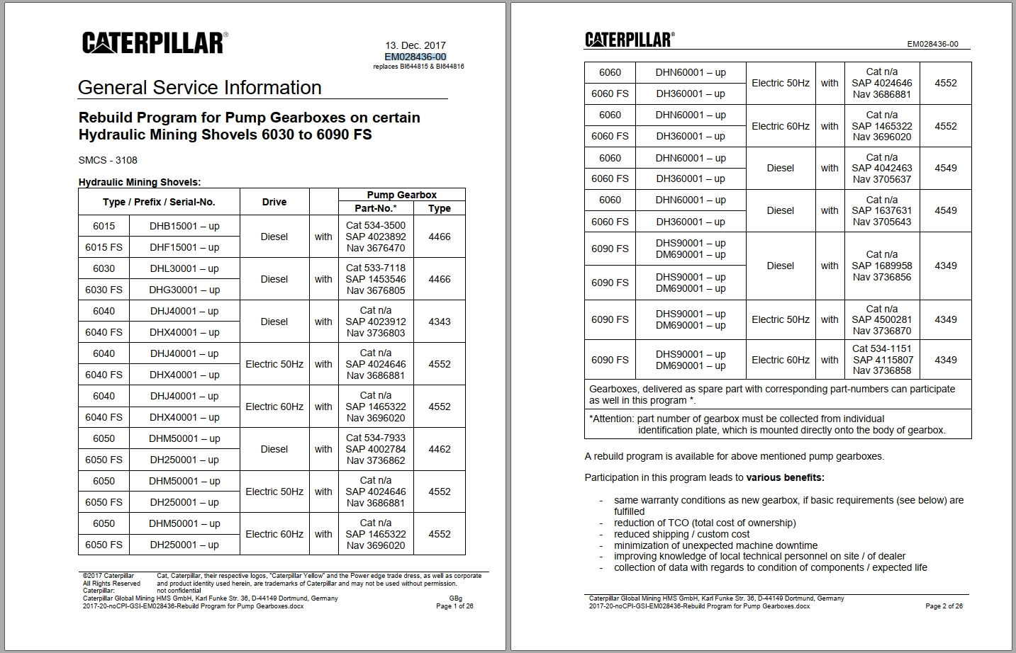 CAT Hydraulic Shovel 6030 6090 FS Pump Gearboxes Rebuild Program Service Information 2017 1