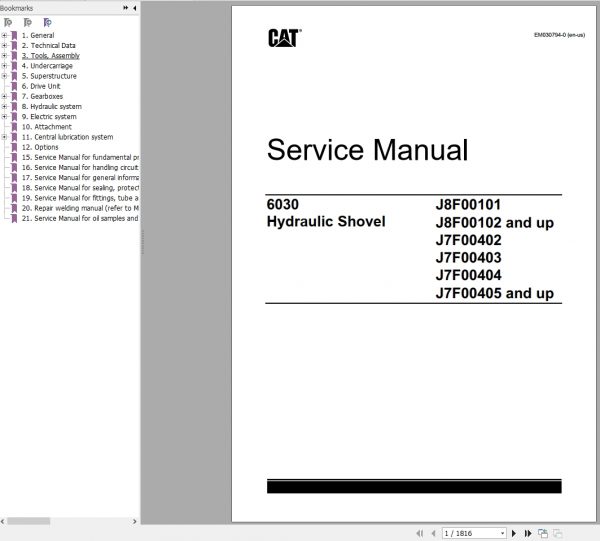 CAT Hydraulic Shovel 6030 J8F00101 J7F00405 and up Service Manual EM030794 00 2021 1