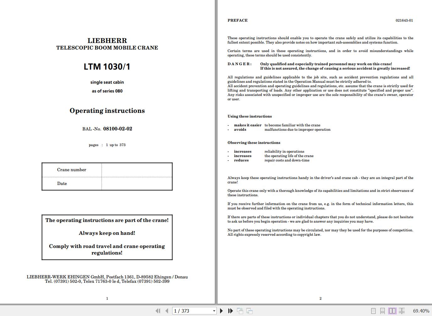 Liebherr LTM 1030 1 Mobile Crane with Telescopic Boom Operating Instructions 1