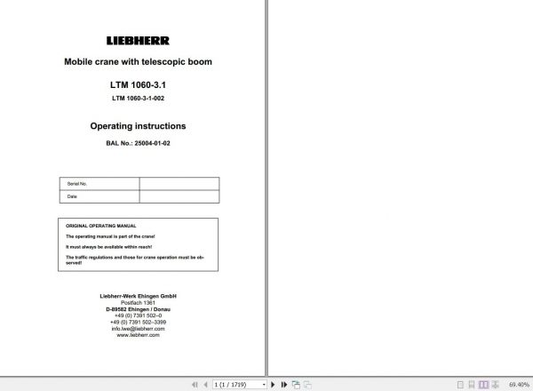 Liebherr LTM 1060 3.1 Mobile Crane with Telescopic Boom Operating Instructions 1