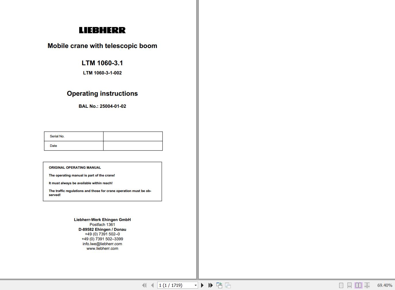 Liebherr LTM 1060 3.1 Mobile Crane with Telescopic Boom Operating Instructions 1