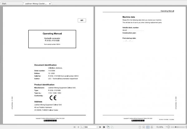 Liebherr Mining Excavator Updated 01.2021 Operating Manual PDF EN 2 1