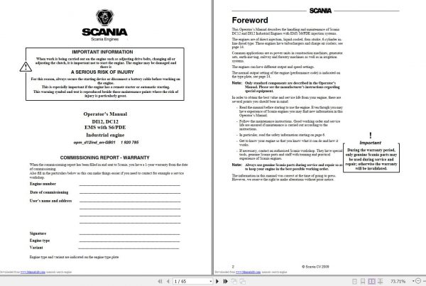 Scania Industrial Engine DI12DC12 Operators Manual 2009 1