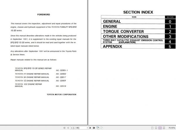 Toyota Forklift 5FG10 30 5FD10 30 Repair Manual CE001 1 1
