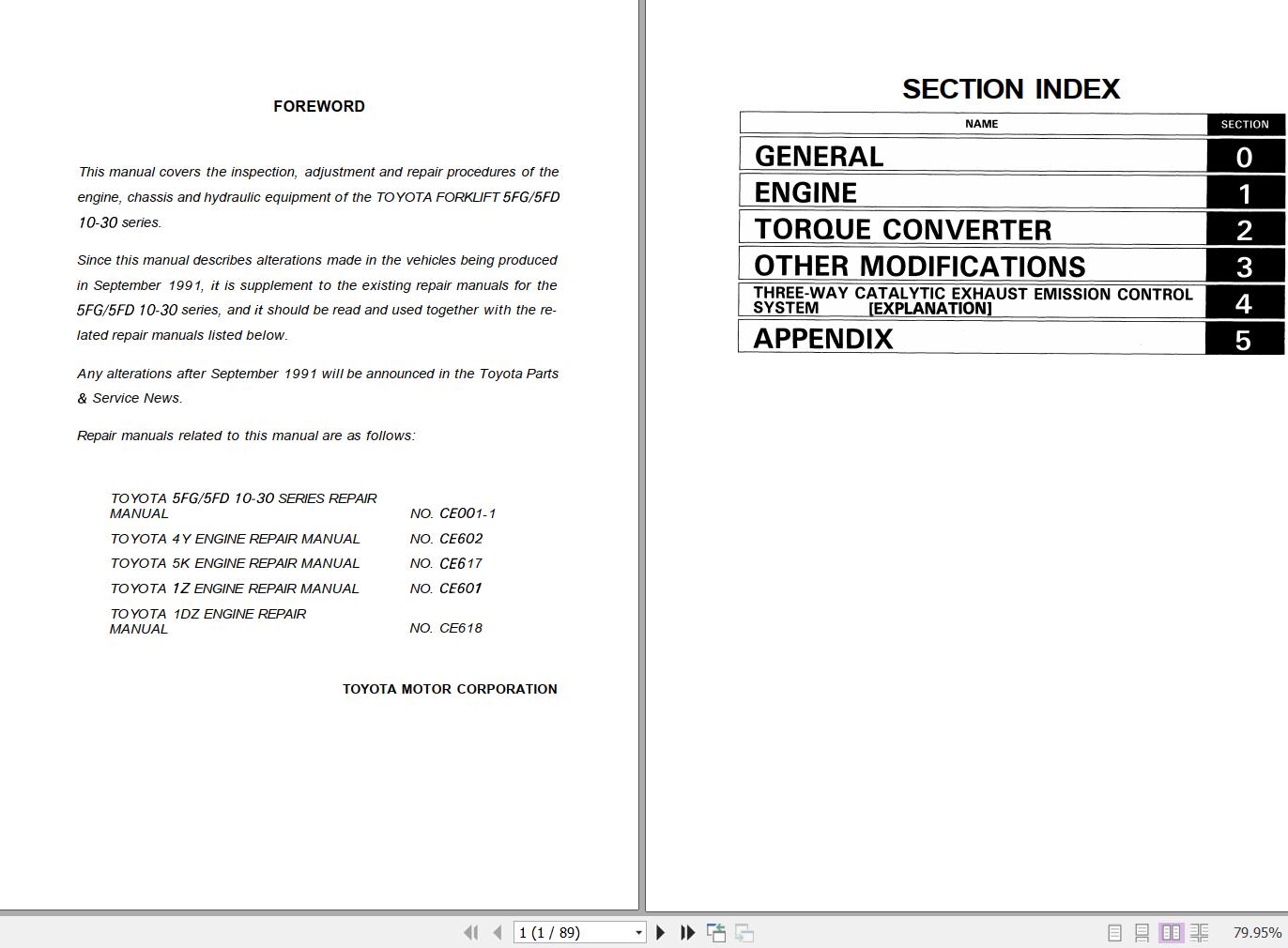 Toyota Forklift 5FG10 30 5FD10 30 Repair Manual CE001 1 1