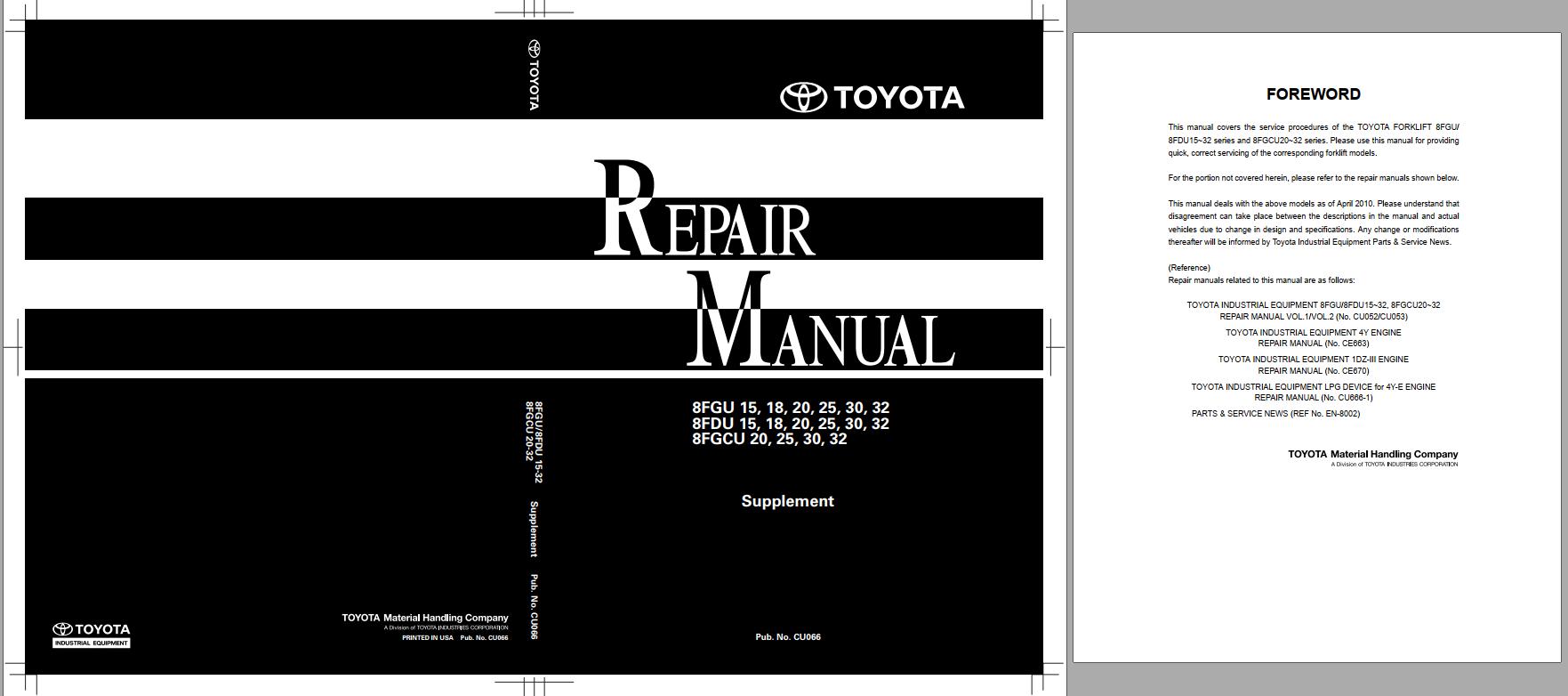 Toyota Forklift 8FGU15 328FGDU15 328FGCU20 32 Repair Manual CU066 2010 1