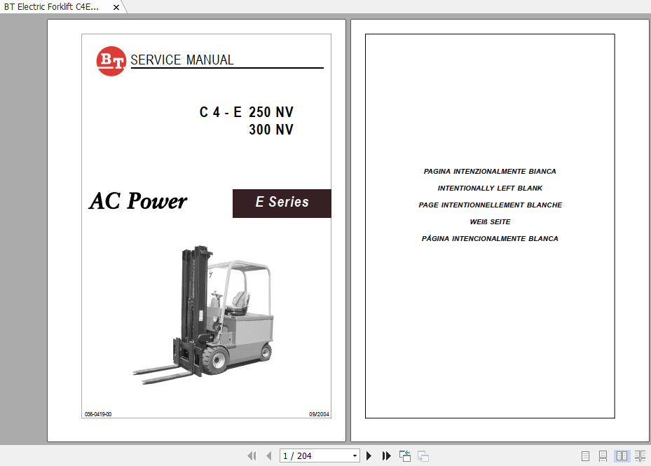 BT Electric Forklift C4E 250 300 NV Service Manual Diagram 1