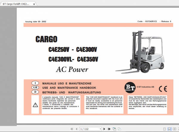 BT Electric Forklift C4E 250 350 V Maintenance Service Manual Diagram 3