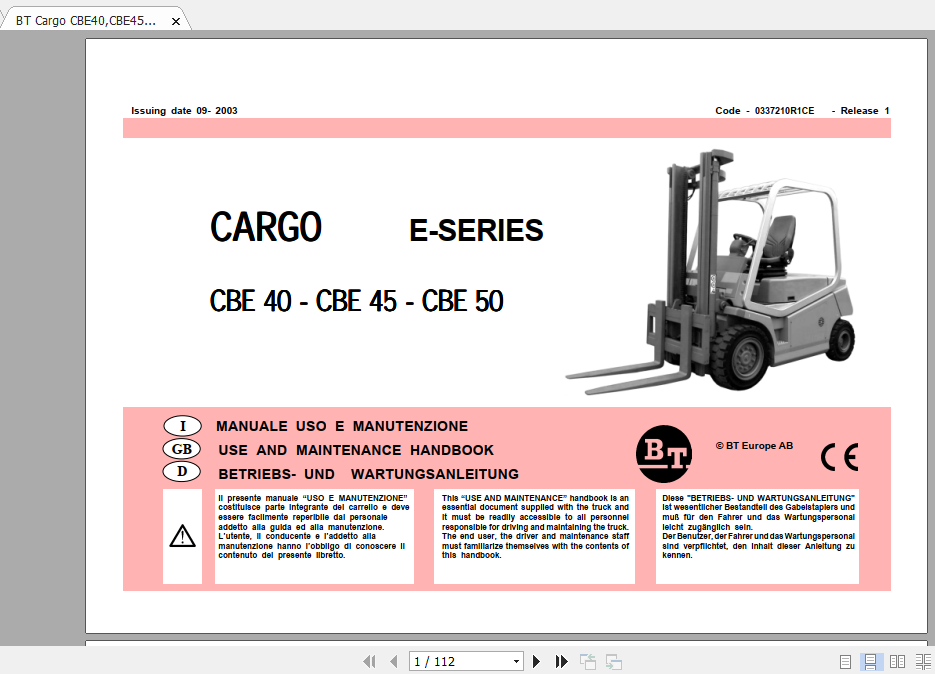 BT Electric Forklift C4E 400 500V Maintenance Service Manual Diagram 2