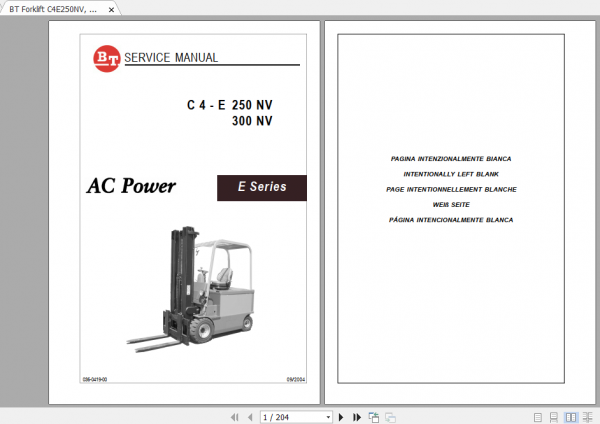 BT Forklift C4E160NLC4E200NLC4E250NVC4E300NV Maintenance Service Manual Diagram 1