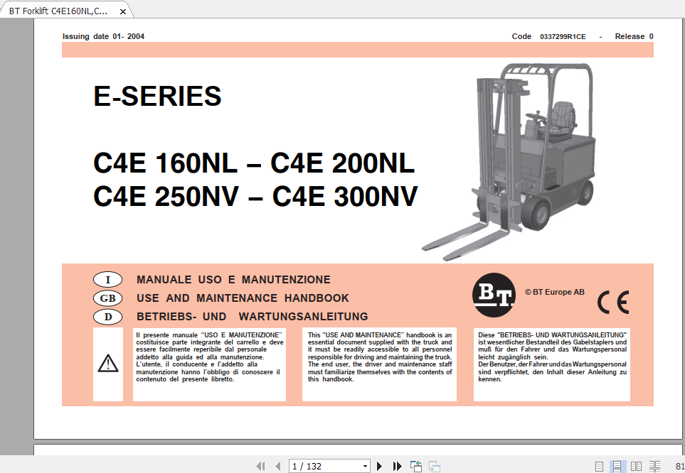 BT Forklift C4E160NLC4E200NLC4E250NVC4E300NV Maintenance Service Manual Diagram 2