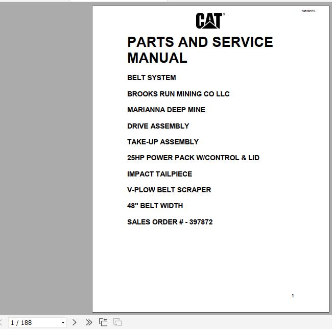 CAT Conveyor System BC100 Belt System 397872 Marianna Deep Mine Parts Service Manual BI016355 2012 1