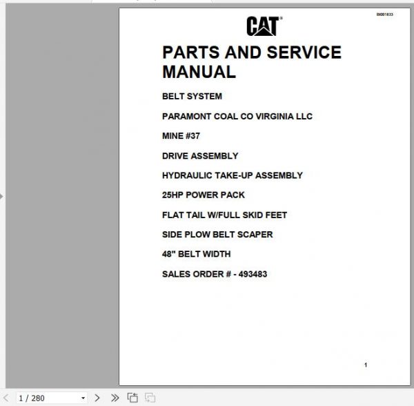 CAT Conveyor System BC100 Belt System 493483 Parts And Service Manual BI001833 2012 1