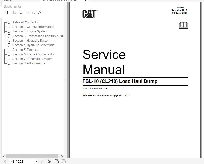 CAT Load Haul Dump CL210 FBL 10 5001830 Service Manual BI014682 2013 1