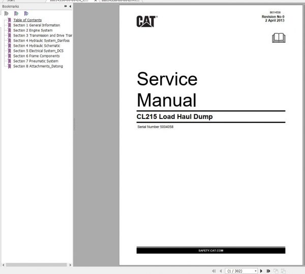 CAT Load Haul Dump CL215 5004058 541767 Service Manual BI014538 2013 EN ZH 1