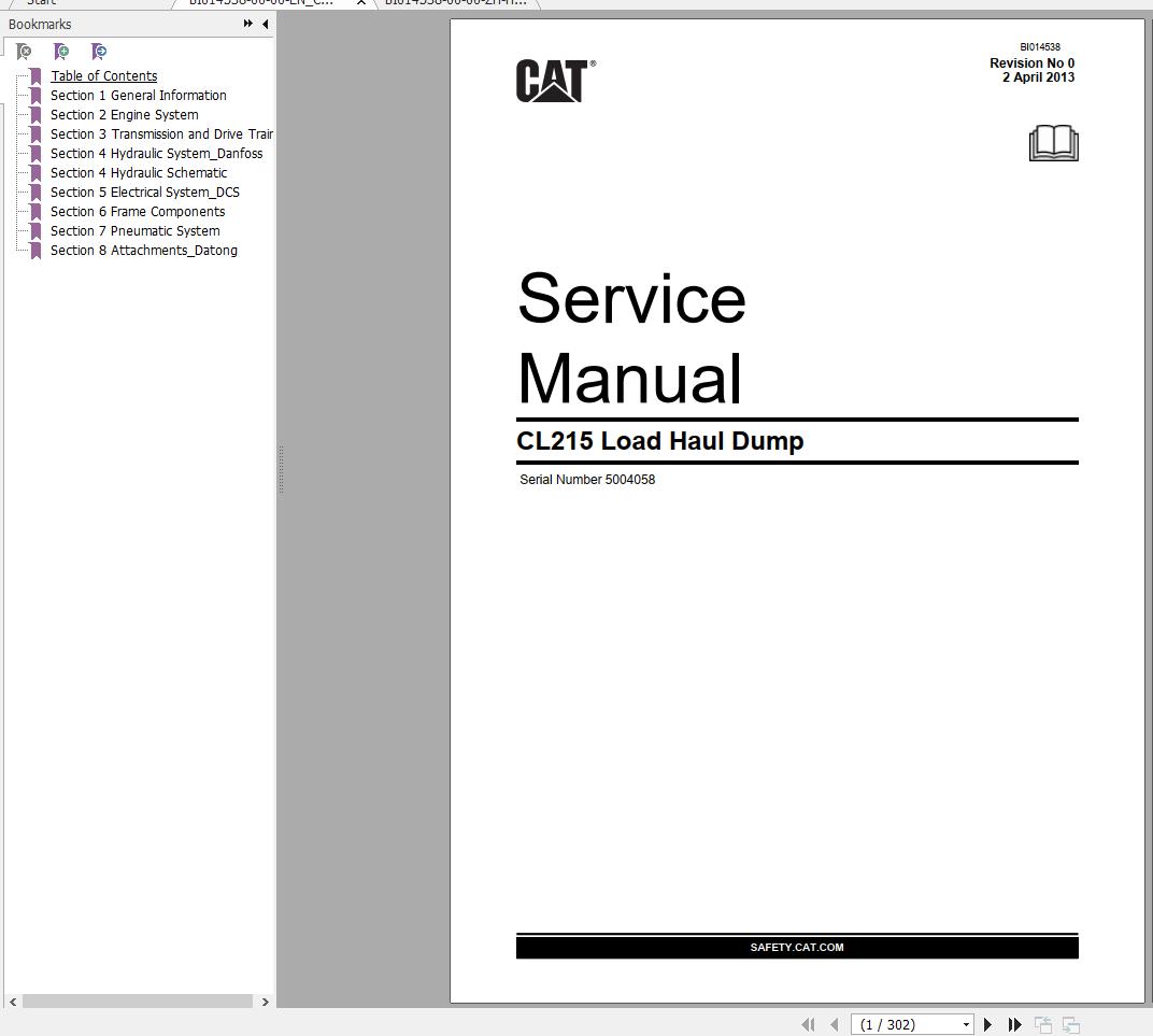 CAT Load Haul Dump CL215 5004058 541767 Service Manual BI014538 2013 EN ZH 1