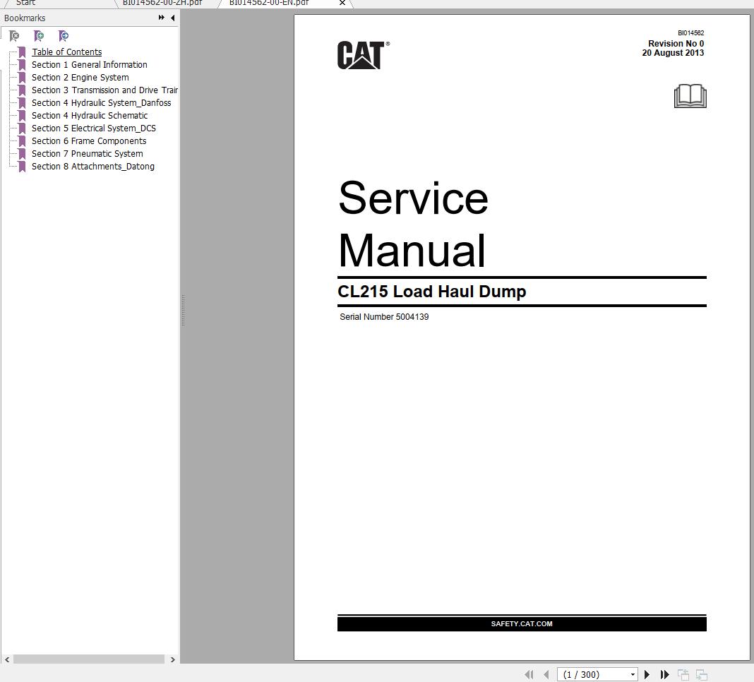 CAT Load Haul Dump CL215 5004139 642811 Service Manual BI014562 2013 EN ZH 1
